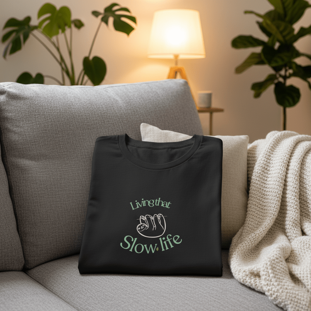 Black graphic T-shirt with Slow life text and cat paw icon.