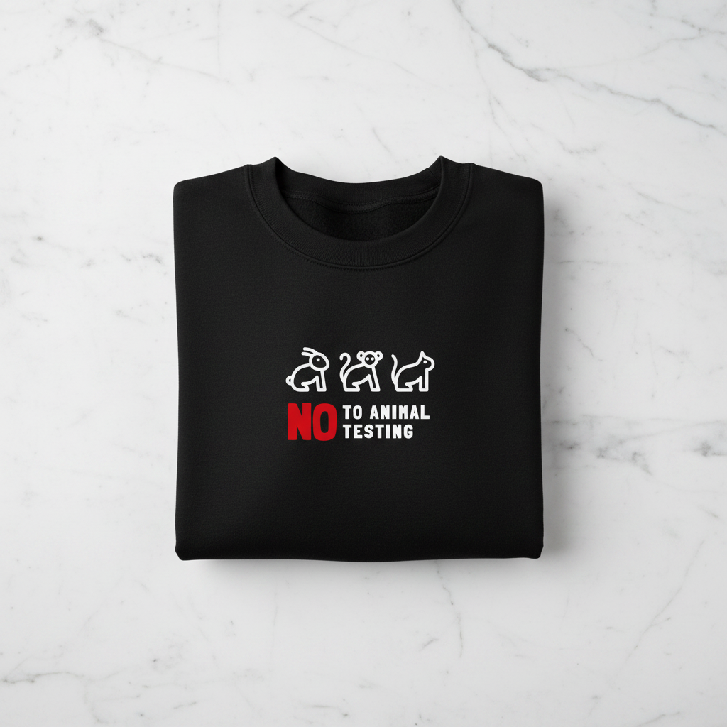 Black crewneck sweatshirt with “No to animal testing” chest graphic