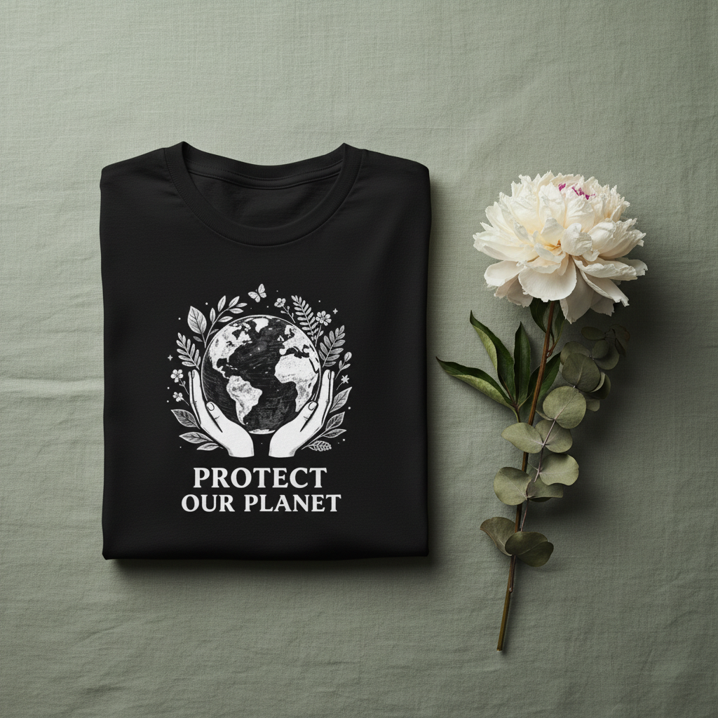 Black T-shirt with white globe and leaf 'Protect Our Planet' graphic