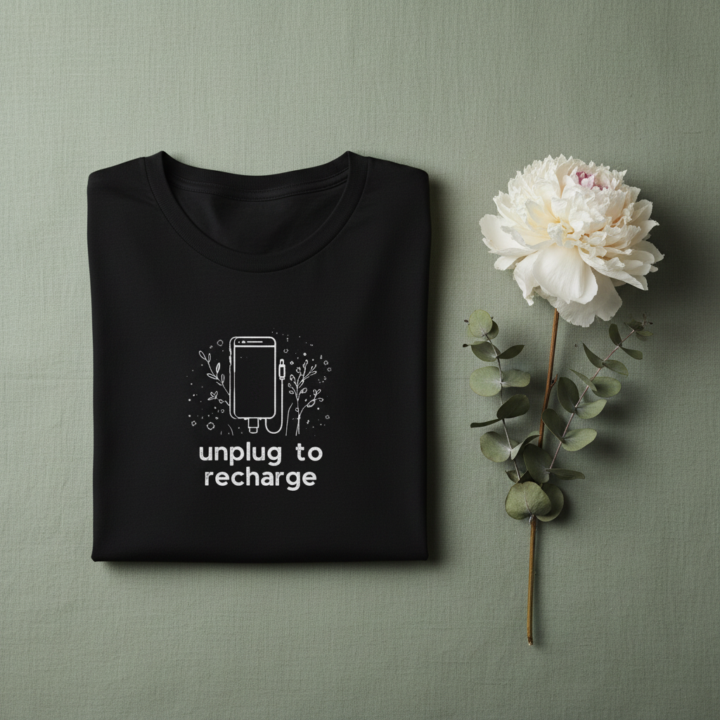 Unisex T-shirt in black with unplug to recharge phone graphic