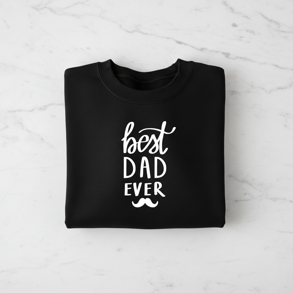 Black crewneck sweatshirt flat lay with white 'best DAD ever' print
