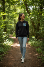 Black kids sweatshirt with chest Earth-and-birds graphic, worn while walking