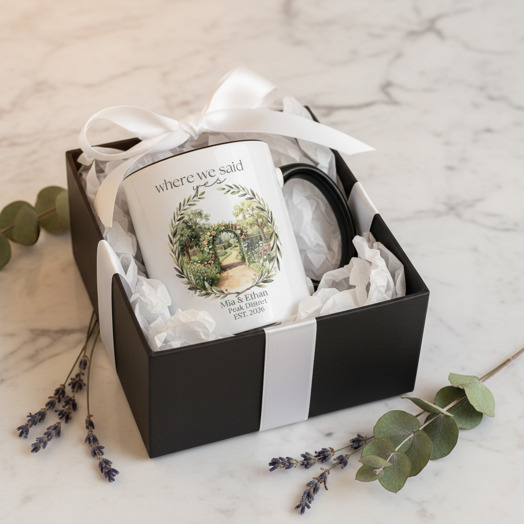 Black Gift Box & White Ribbon – Mia & Ethan – Peak District