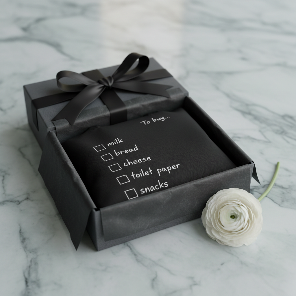 Charcoal tote in a gift box with ribbon; 'to buy' checklist: milk, bread, cheese, snacks.