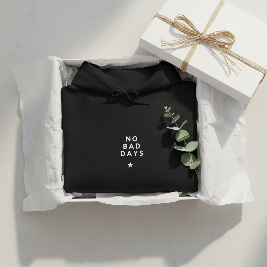 Black hooded sweatshirt with 'No Bad Days' front graphic and drawstring hood
