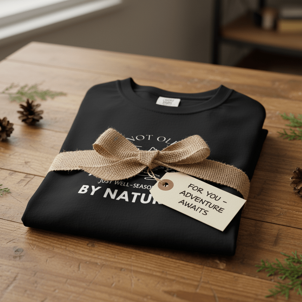 Nature graphic T-shirt in dark color with mountain and tree logo, tied with jute bow