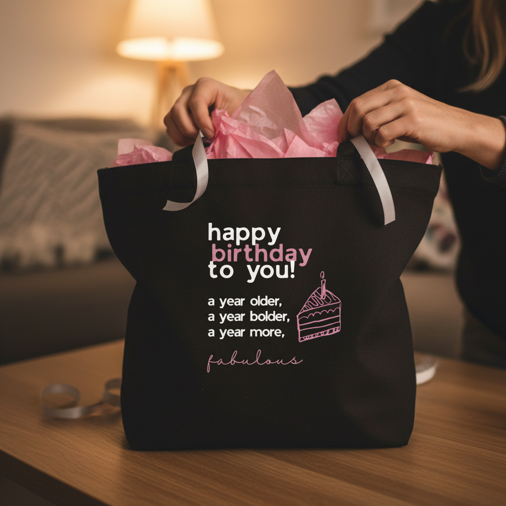 Black cotton tote bag with pink ribbon handles and 'happy birthday to you' print.