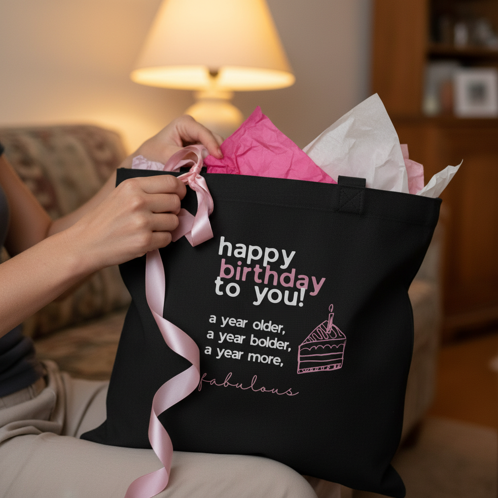 Black cotton tote bag with pink bow ribbon and 'happy birthday to you' wording.