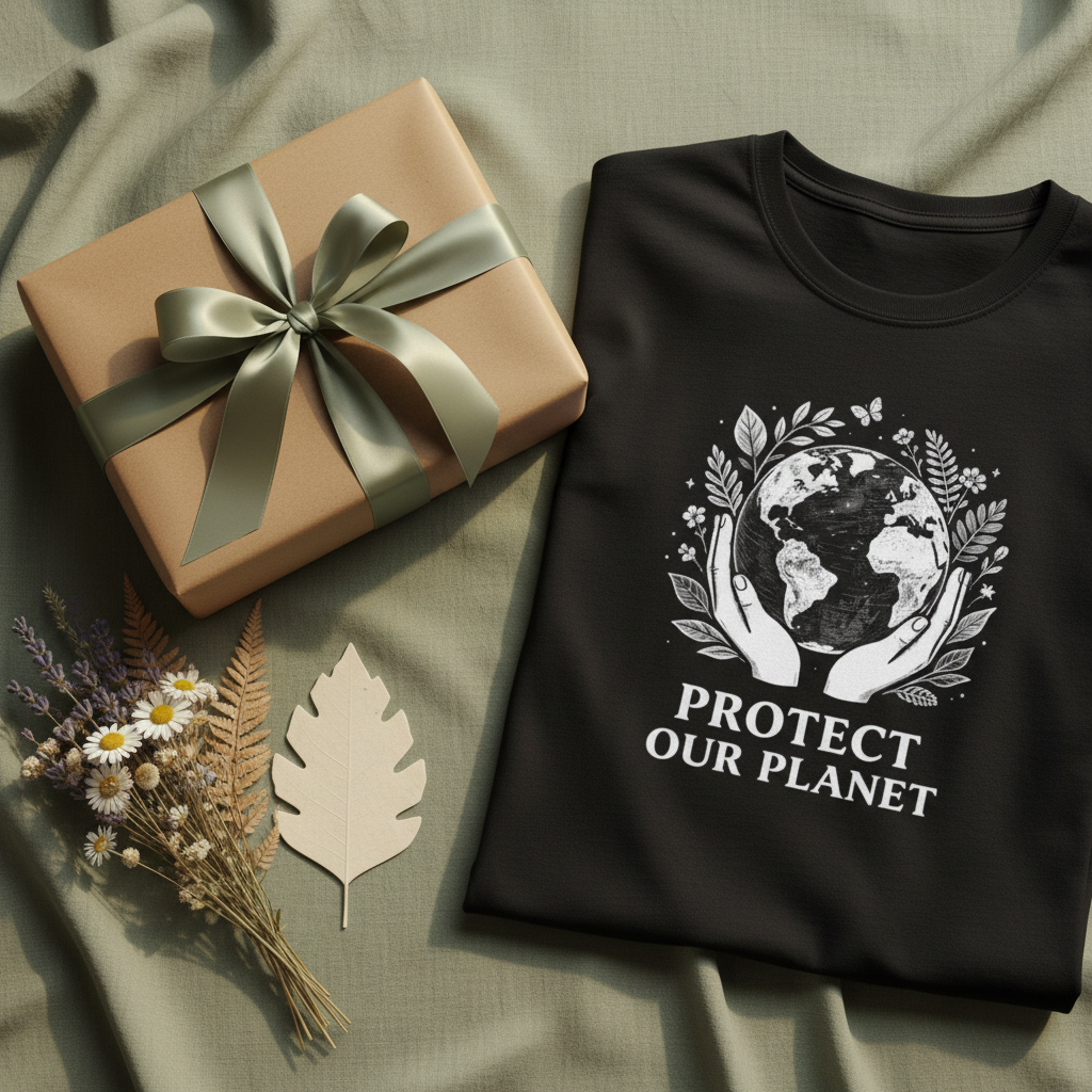 Black T-shirt with white globe-and-laurel 'Protect Our Planet' graphic