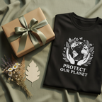 Black T-shirt with white globe-and-laurel 'Protect Our Planet' graphic