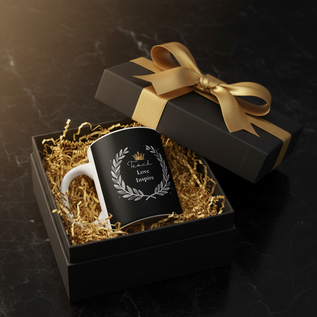 Black mug in gift box with ribbon; 'Teach Love Inspire' wreath design
