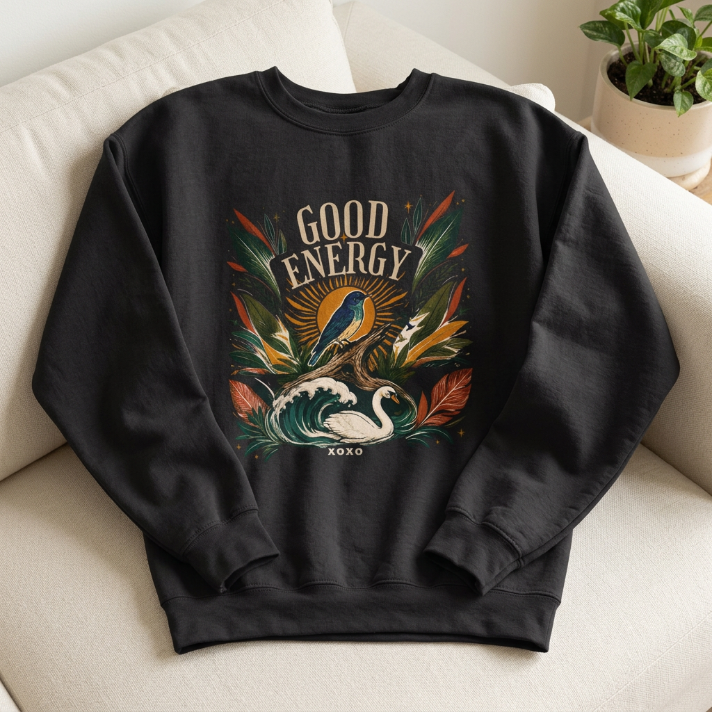 Unisex botanical sweatshirt, black with bird and leaf front graphic on chest.