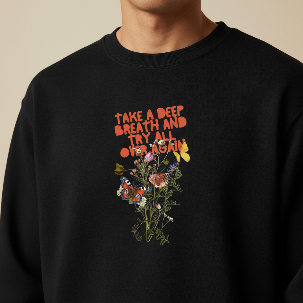 Black crewneck sweatshirt close-up with colorful “Take a Deep Breath” floral graphic.