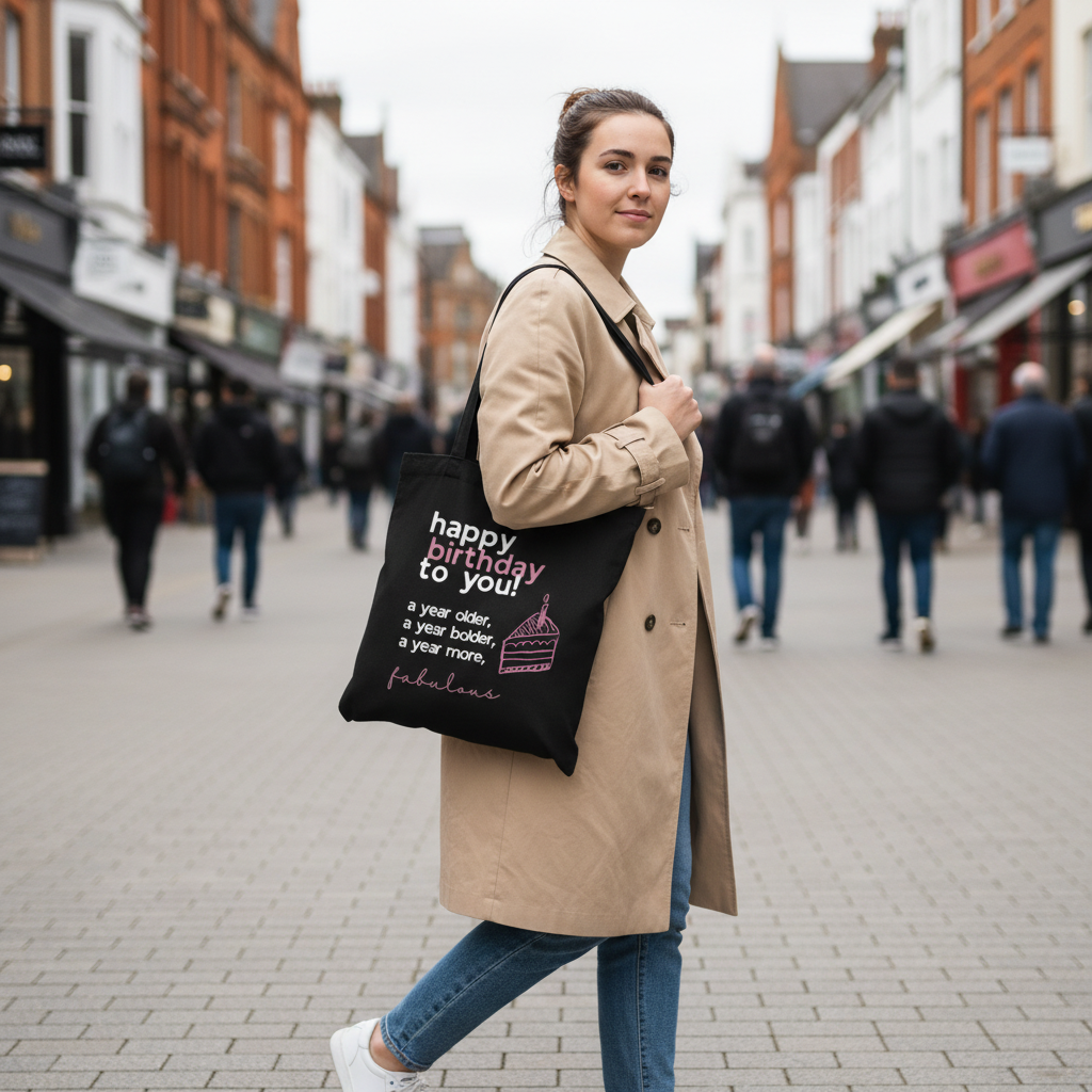 Black cotton tote bag worn over the shoulder with 'happy birthday to you' print.