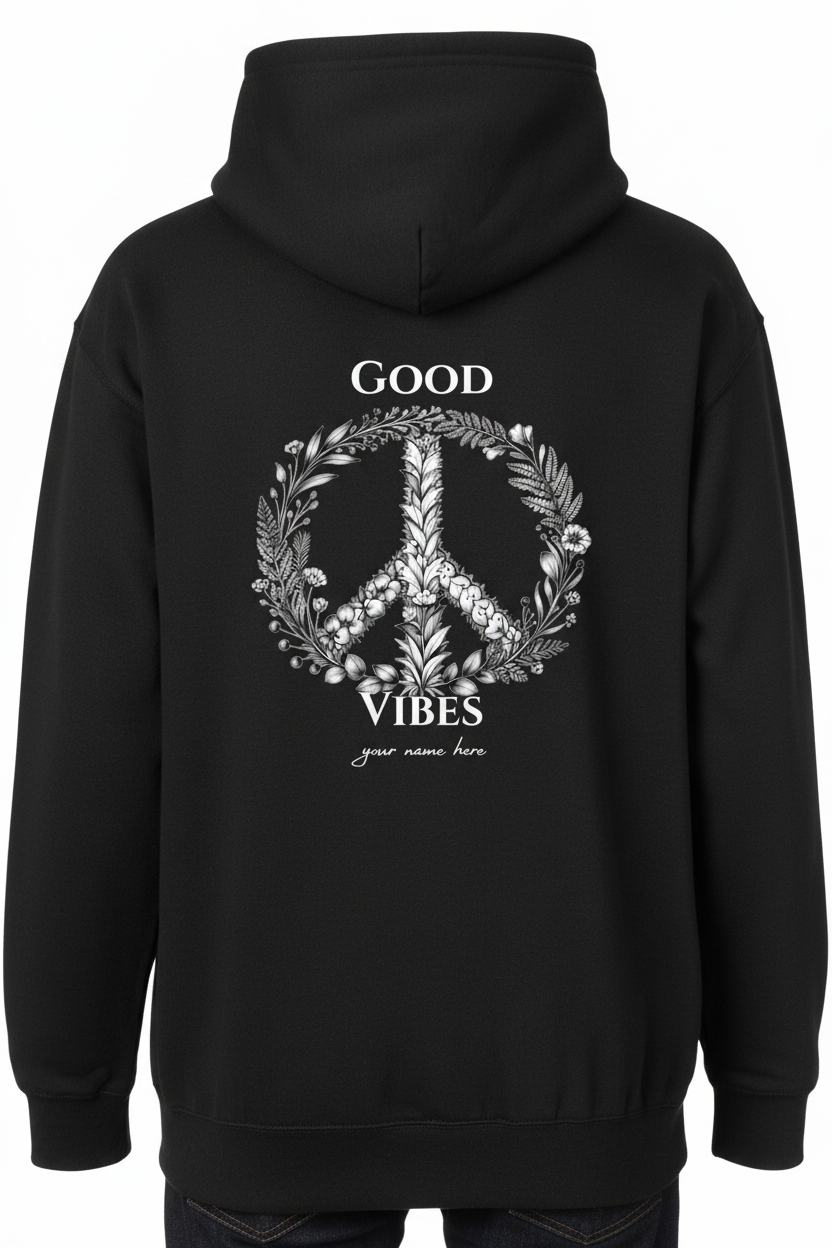 Black unisex hoodie back with "GOOD VIBES" wreath print and "your name here".