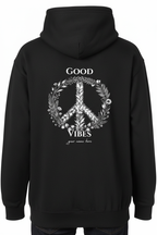 Black unisex hoodie back with "GOOD VIBES" wreath print and "your name here".