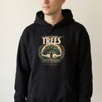 Black unisex hoodie with “Plant More Trees” chest graphic and kangaroo front pocket