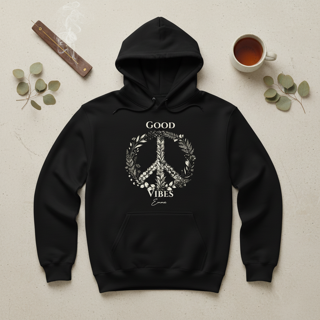 Black unisex hoodie with 'Good Vibes' wreath peace graphic and front pocket