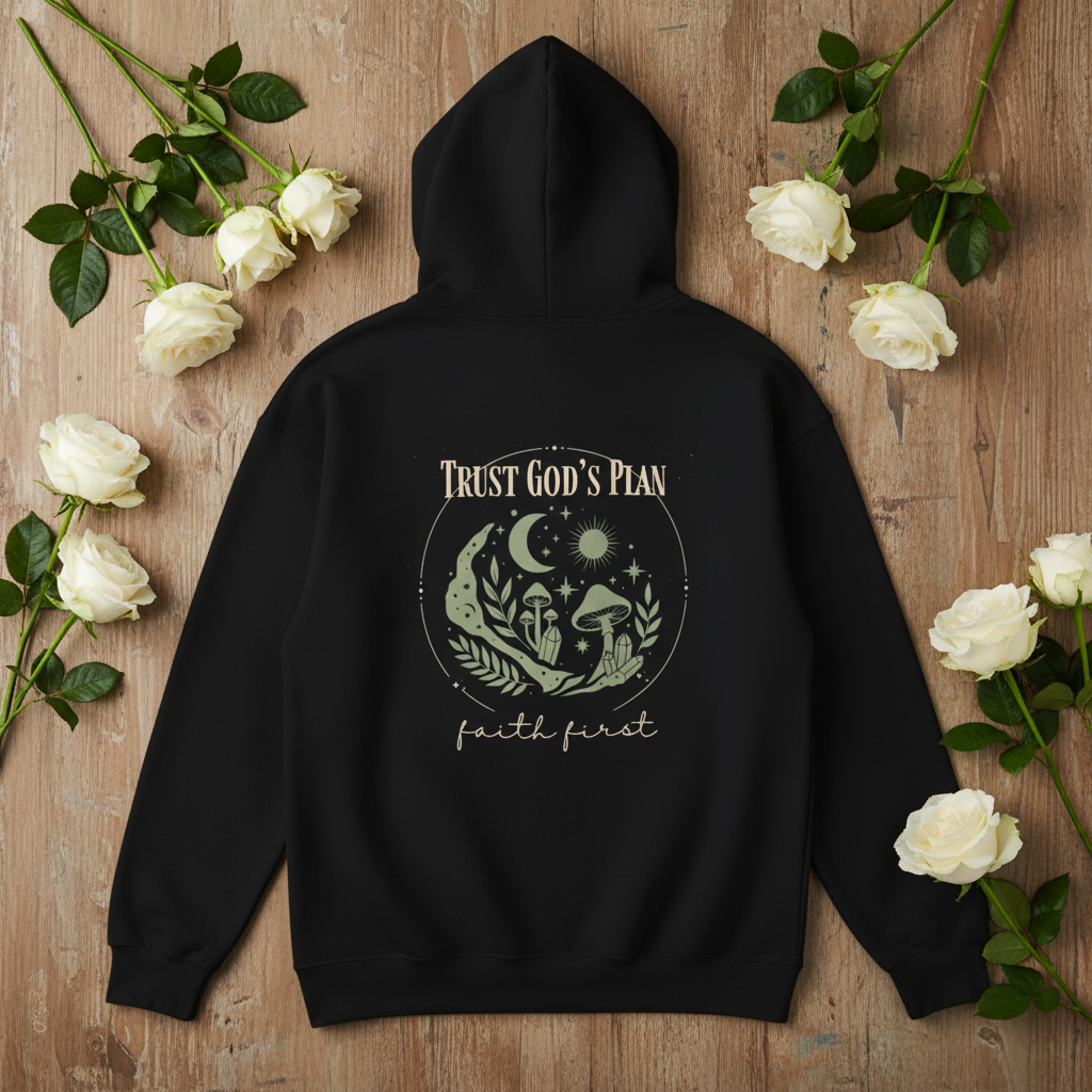 Black hoodie with 'Trust God's Plan' wolf emblem and 'faith first' on front
