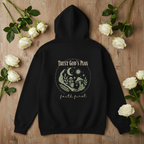 Black hoodie with 'Trust God's Plan' wolf emblem and 'faith first' on front