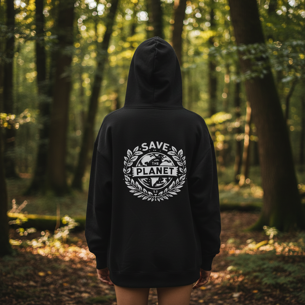 Black hooded sweatshirt with Save the Planet back emblem and kangaroo pocket