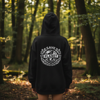 Black hooded sweatshirt with Save the Planet back emblem and kangaroo pocket