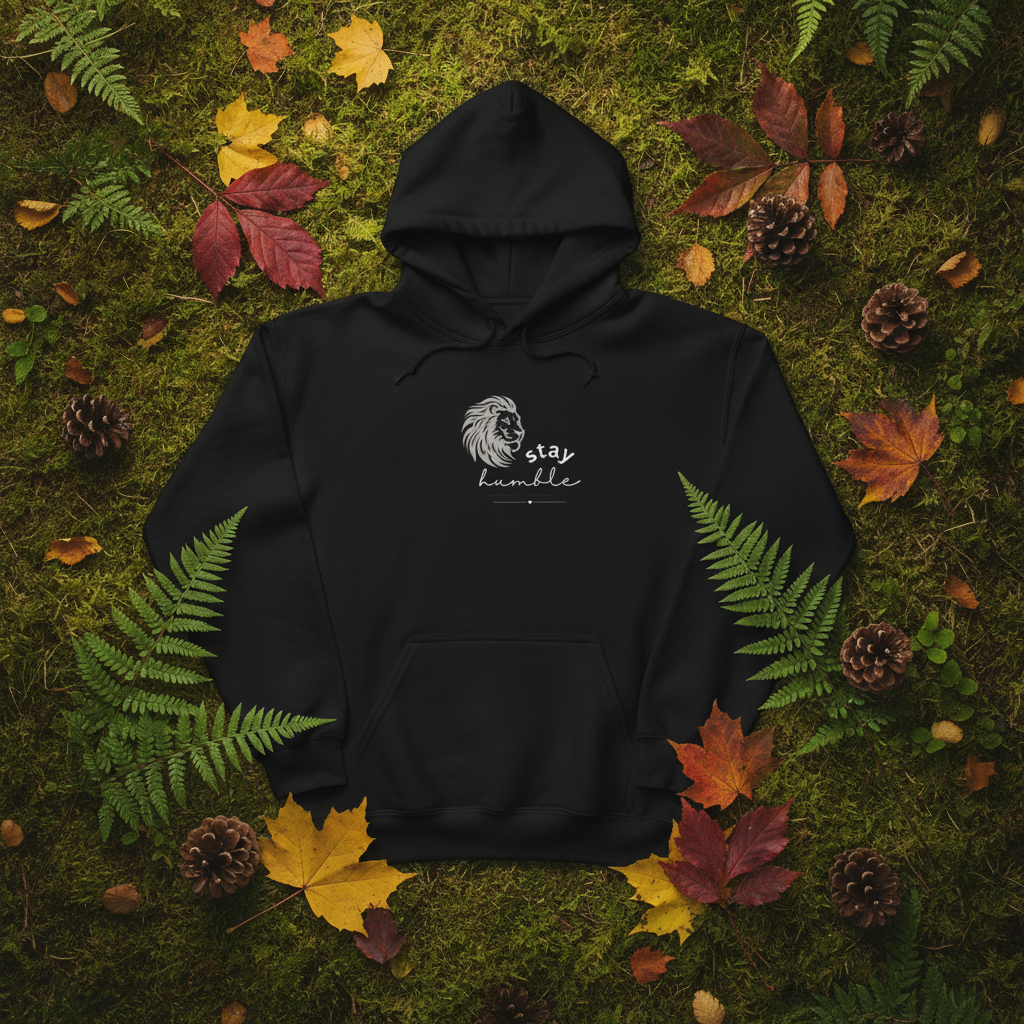 Black lion graphic hoodie with drawstring hood and kangaroo pocket, “stay humble” front print