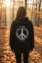 Navy unisex hoodie with back graphic: floral peace sign and text "GOOD VIBES"