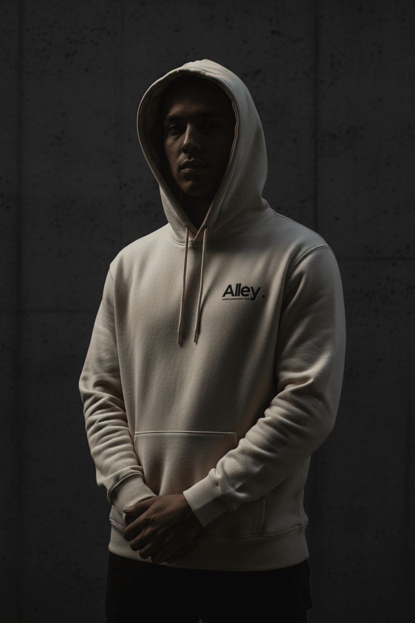 Alley. Minimalist Chest Logo Hoodie — Lightweight White Pullover - AlleyCrafters
