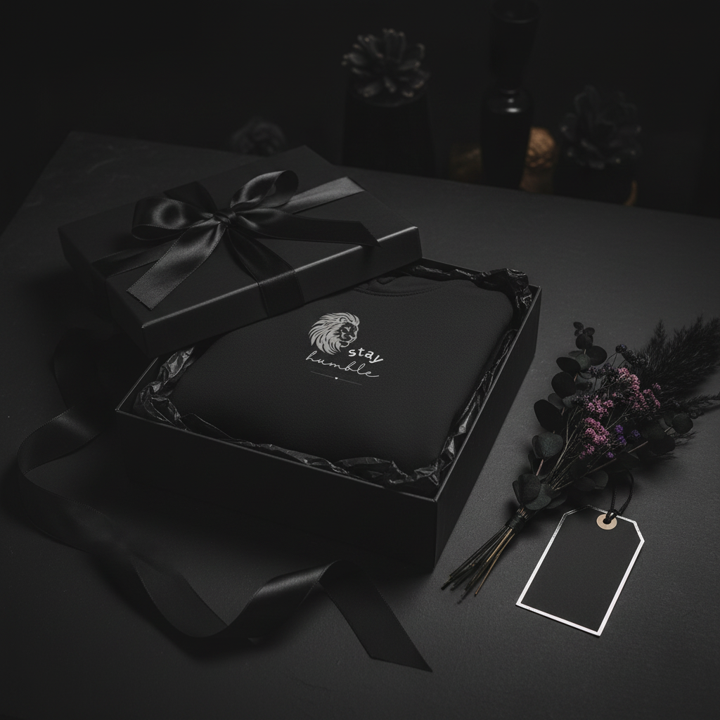 Black hooded sweatshirt with lion Stay Humble graphic, presented in a gift box with ribbon