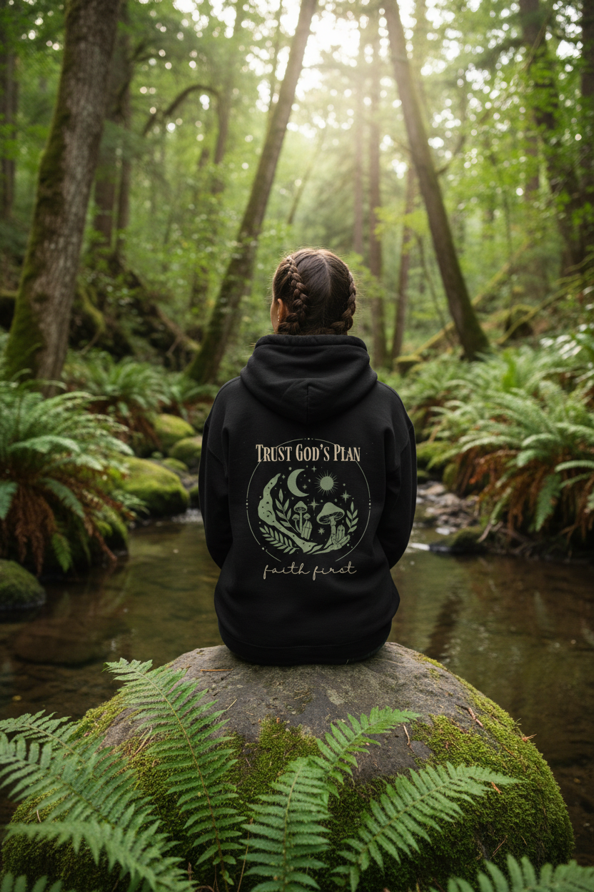 Black hoodie with 'Trust God's Plan' wolf emblem and 'faith first' on back