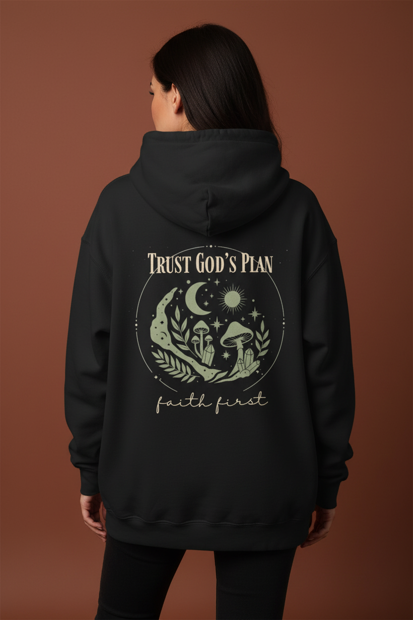 Black hoodie with 'Trust God's Plan' wolf emblem and 'faith first' on back