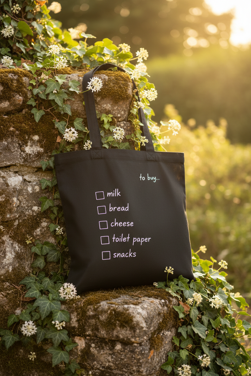 Black tote bag on a rock with 'to buy' checklist: milk, bread, cheese, toilet paper, snacks.