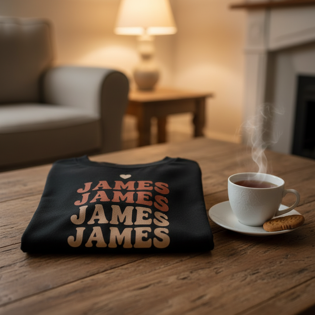 Dark T-shirt with stacked ombre text graphic reading “JAMES”
