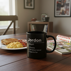 Black mug with Jordan noun and 1 Foodie, 2 Problem Solver, 3 Sports fan