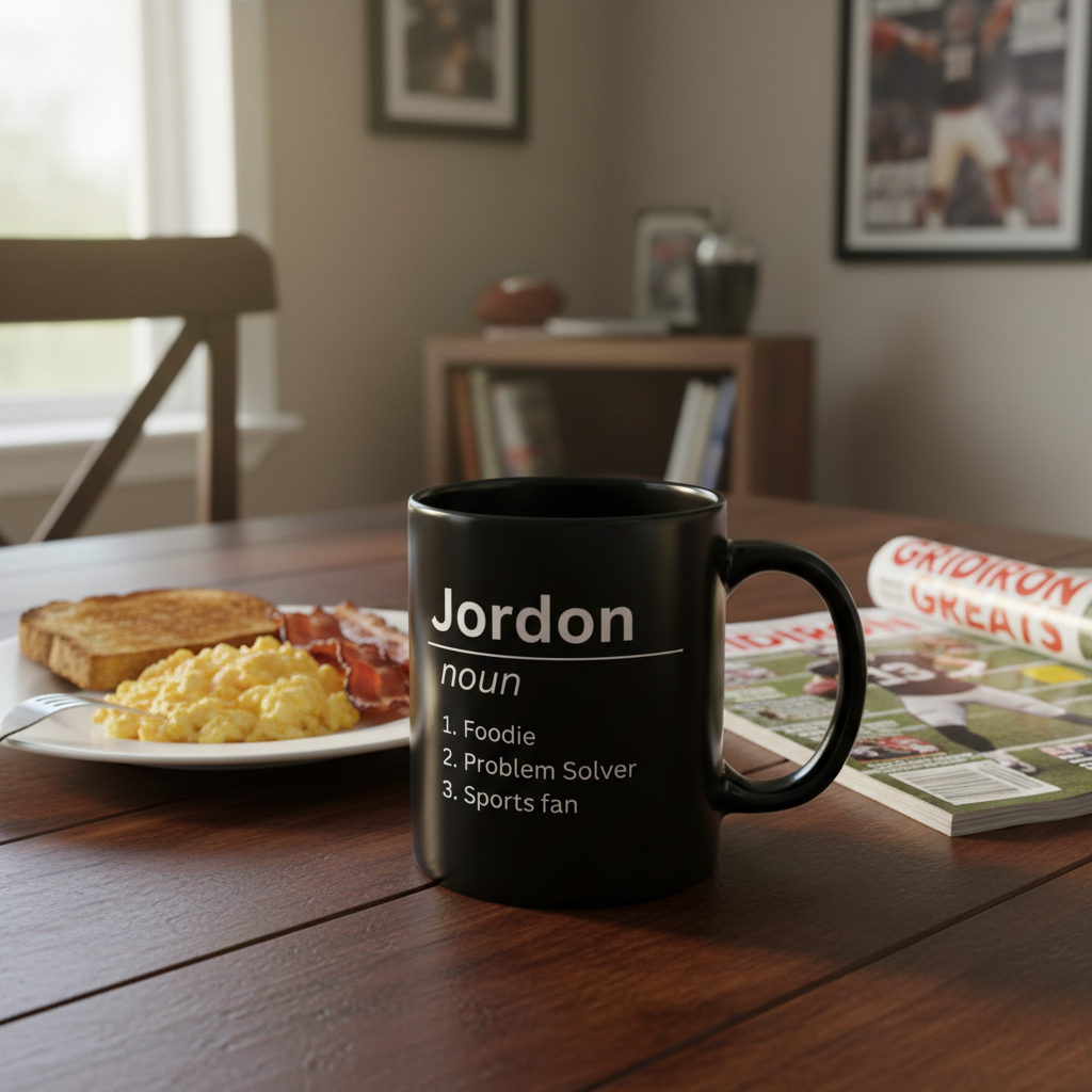 Black mug with Jordan noun and 1 Foodie, 2 Problem Solver, 3 Sports fan