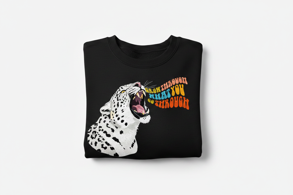 Black sweatshirt with leopard graphic featuring an animal face.