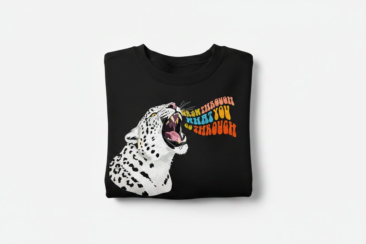 Black sweatshirt with leopard graphic featuring an animal face.