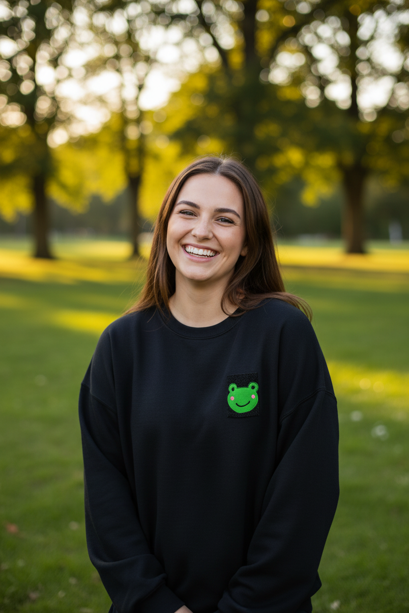 Black sweatshirt with green frog embroidered patch on chest