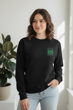 Black embroidered frog sweatshirt with crew neck and chest square patch on model.