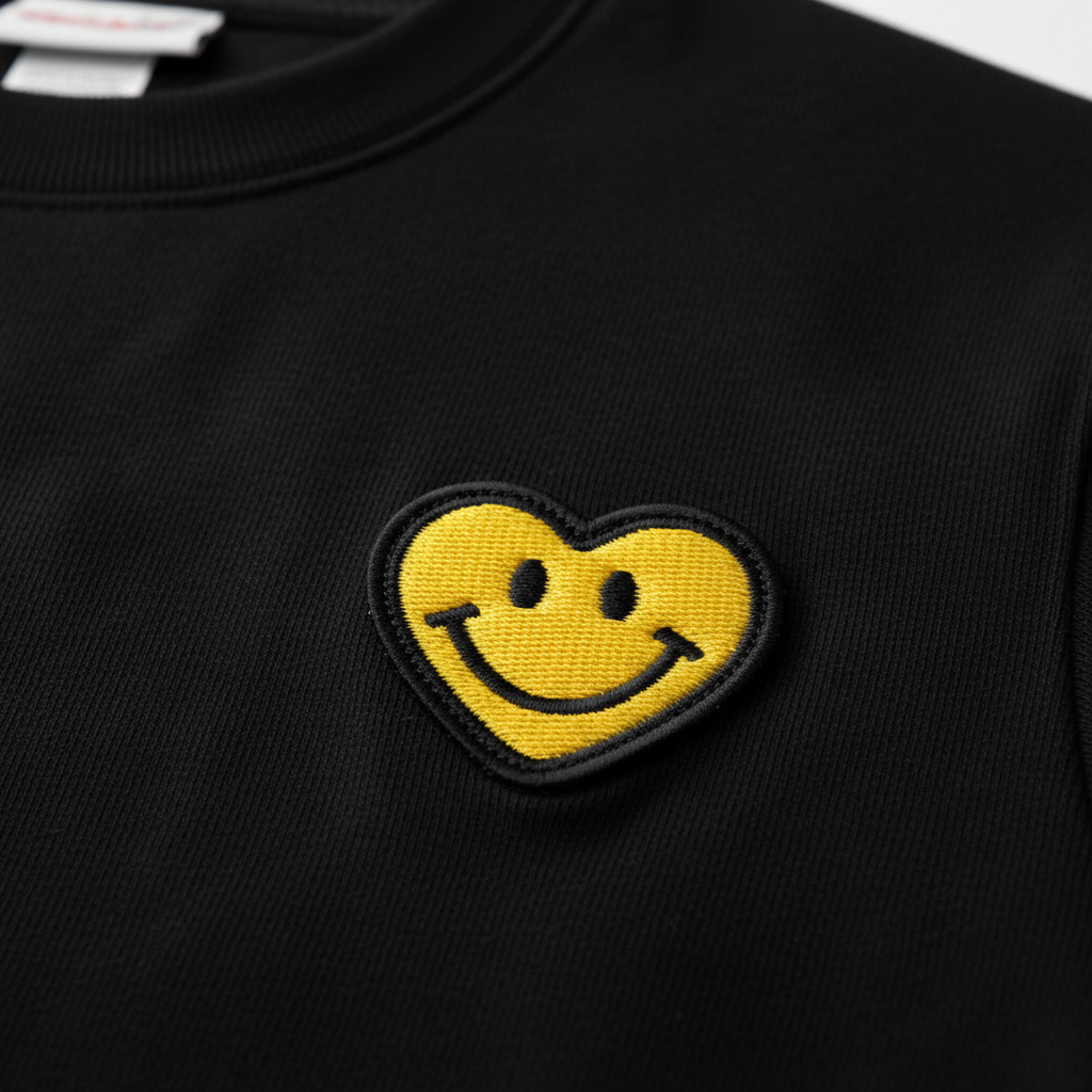 Black sweatshirt chest patch shows an embroidered yellow smiley heart.