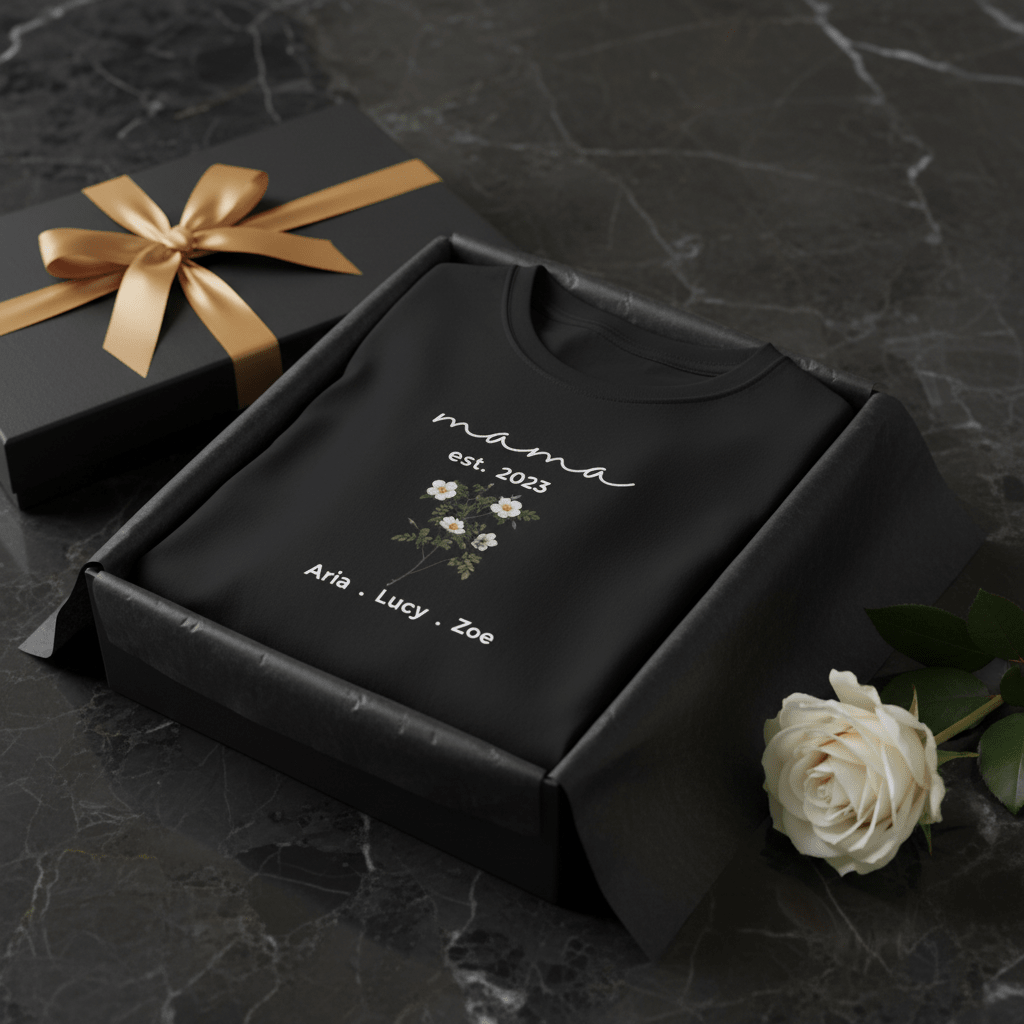 Black floral mama T-shirt in gift box with 'mama est. 2023' and name line