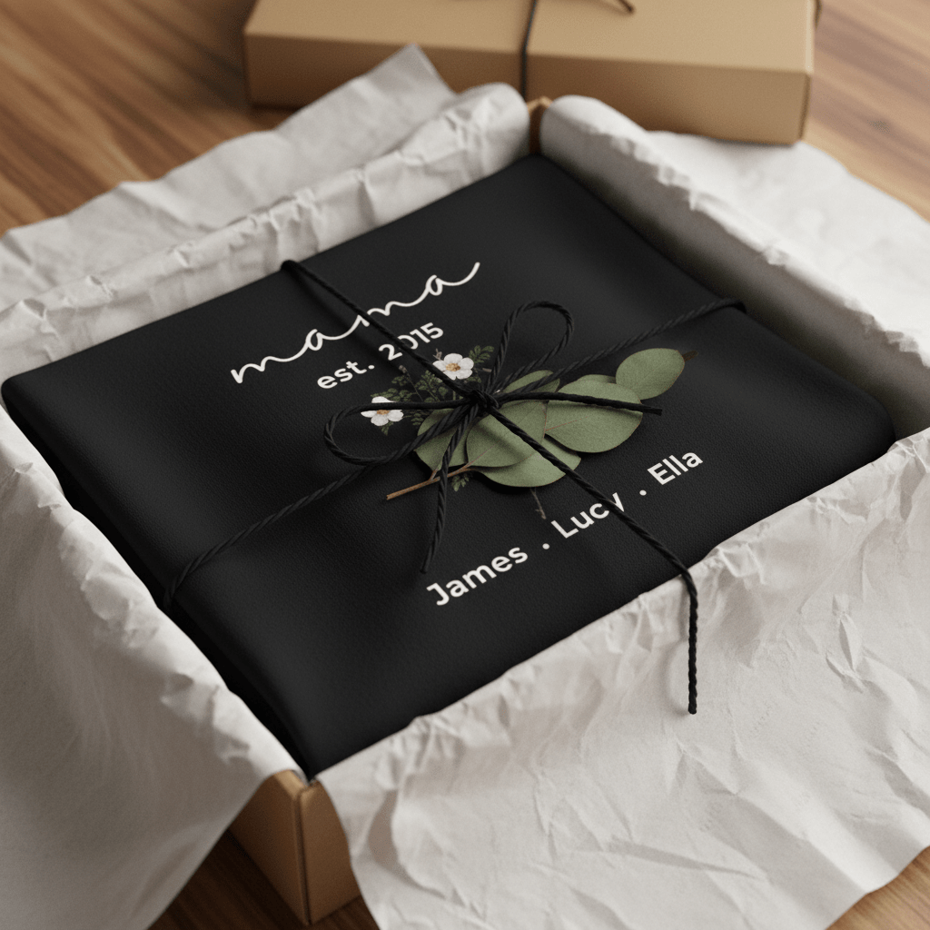 Black floral mama T-shirt in gift box with 'mama est. 2015' print