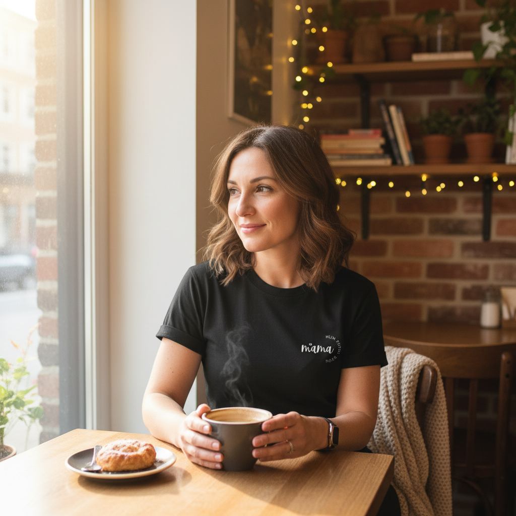 Black mum T-shirt with script logo at chest, crew neck