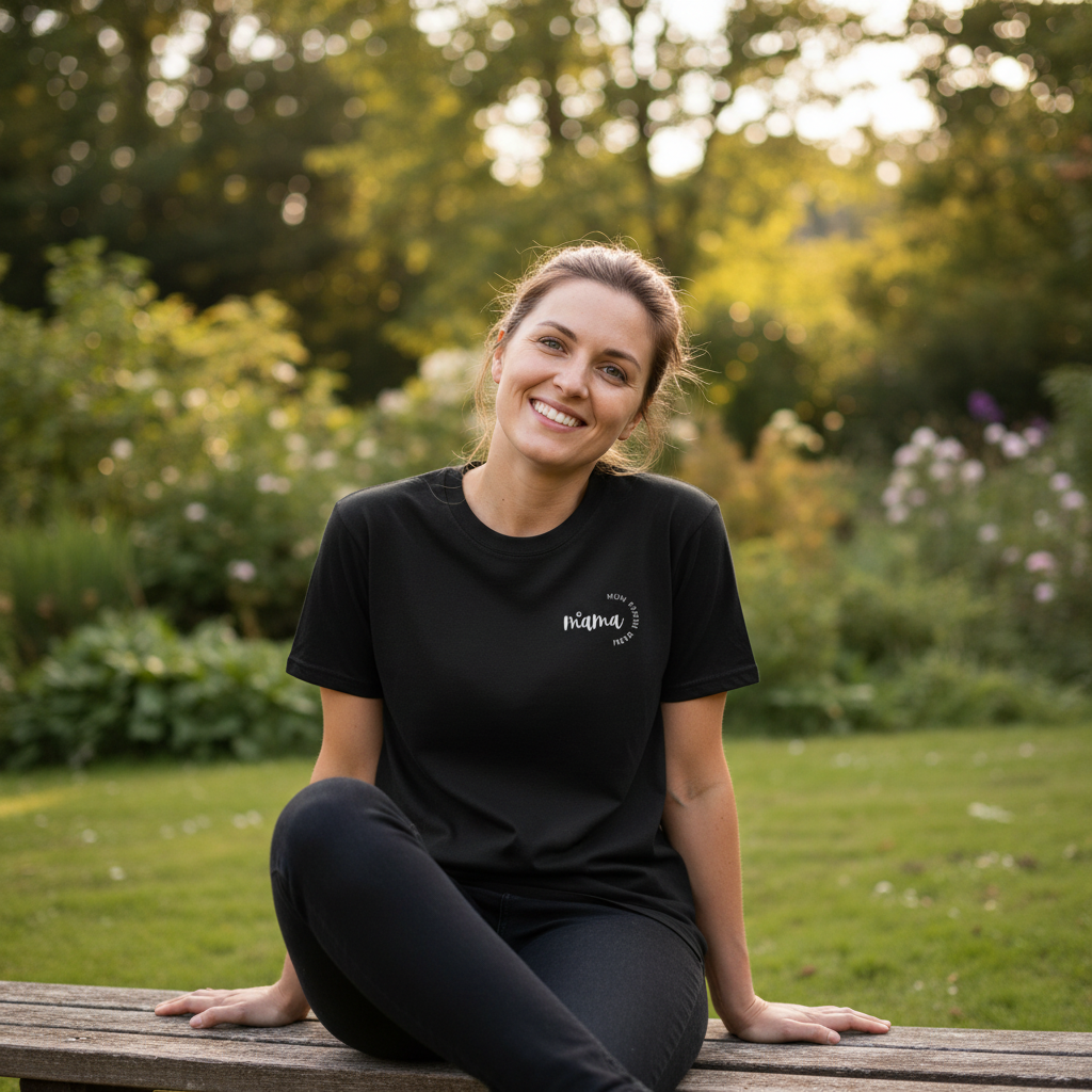 Black Mama T-shirt on person, small 'mama' logo at chest, crew neck, short sleeves