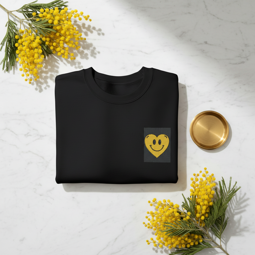 Black sweatshirt with embroidered yellow smiley heart patch on the chest.