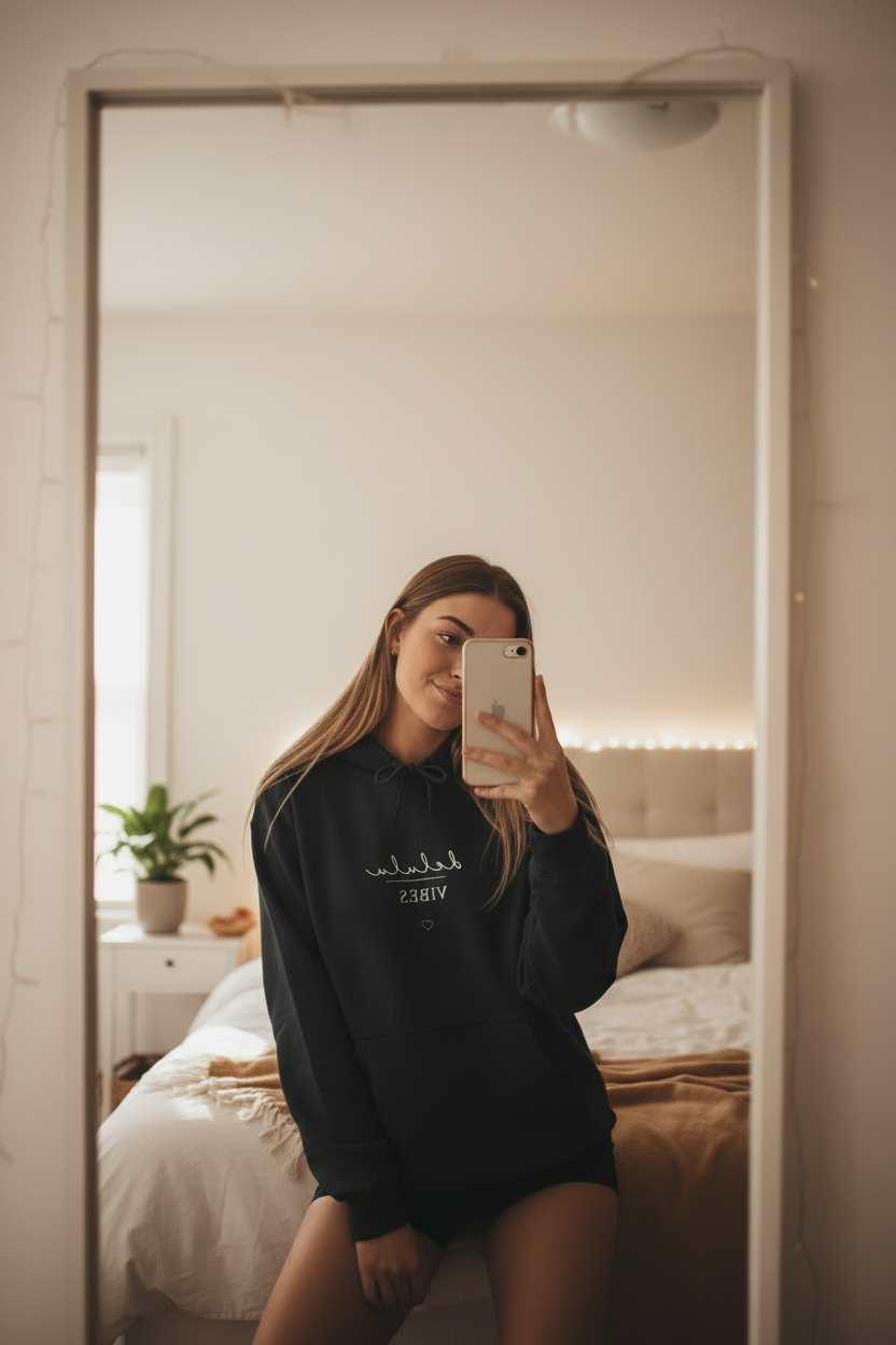 Black hoodie with cursive 'delulu' and 'VIBES' text on front
