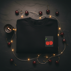 Navy crewneck sweatshirt with cherry embroidery patch on chest.