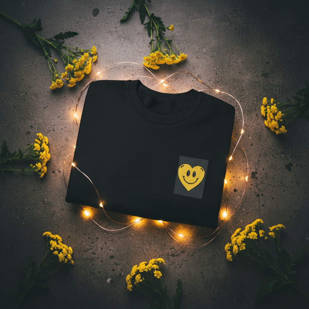 Black sweatshirt with embroidered yellow smiley heart patch on the chest.