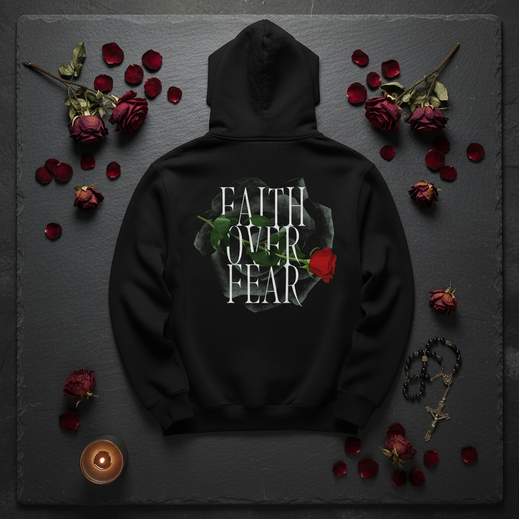 Black unisex hoodie with Faith Over Fear graphic on back, hood and kangaroo pocket